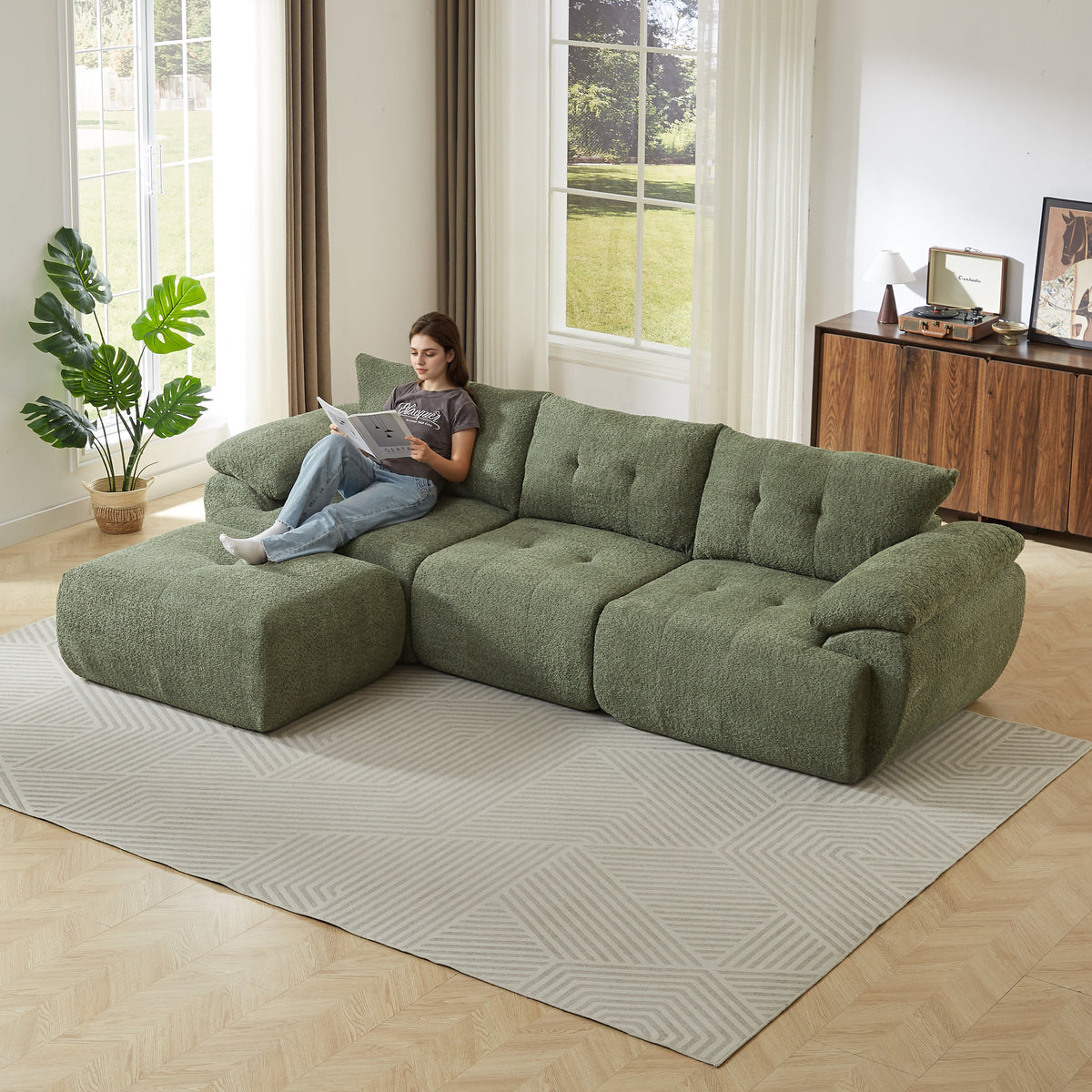 115'' Large Modern 3-Seater Sofa with Curved Horn Backrest - Beige, Green, or Black