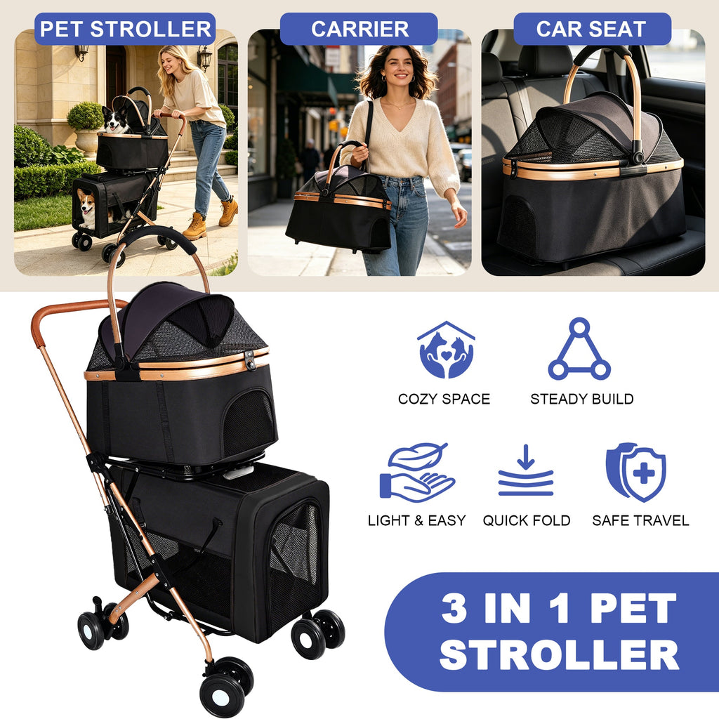 Double Pet Stroller for Small and Medium Dogs and Cats with Foldable Frame - Carbon-Steel