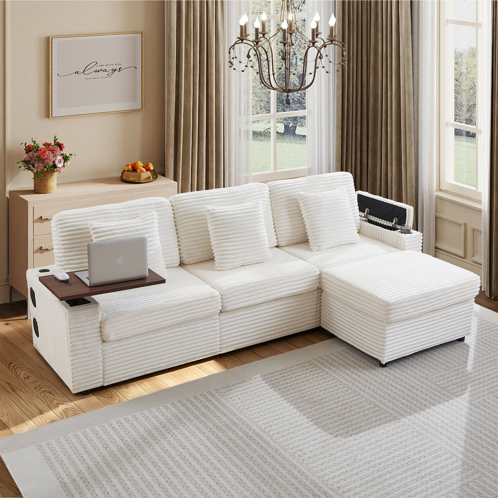 Oversized Modular Sectional Couch,Corduroy Sofa with  Cup Holders, USB Port,Storage Space and Bluetooth Speaker for Living room and Bedroom