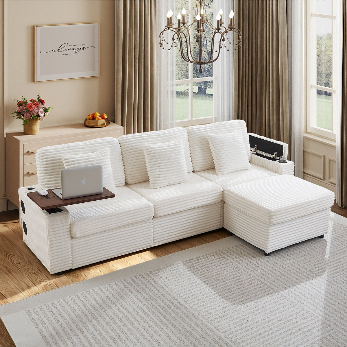 Oversized Modular Sectional Couch,Corduroy Sofa with  Cup Holders, USB Port,Storage Space and Bluetooth Speaker for Living room and Bedroom