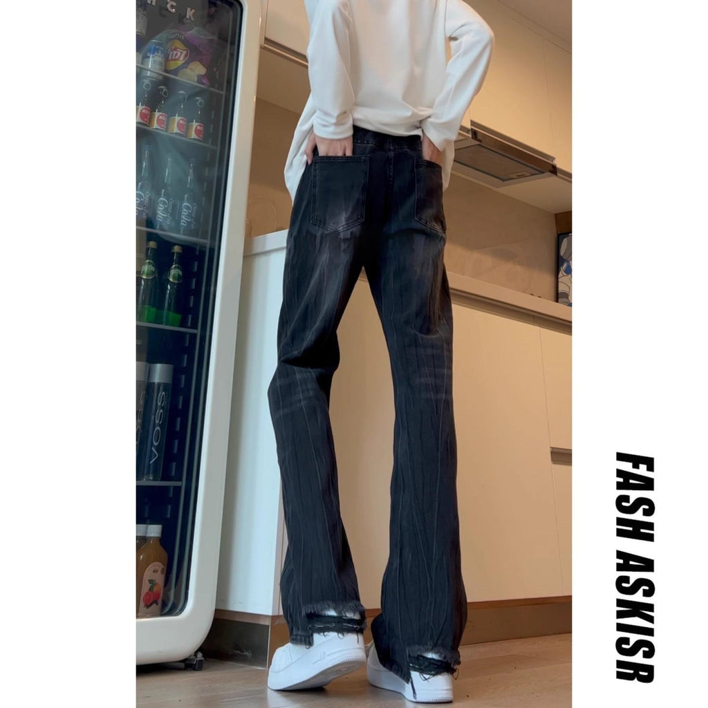 Mens Washed Straight-Slit Denim Jeans