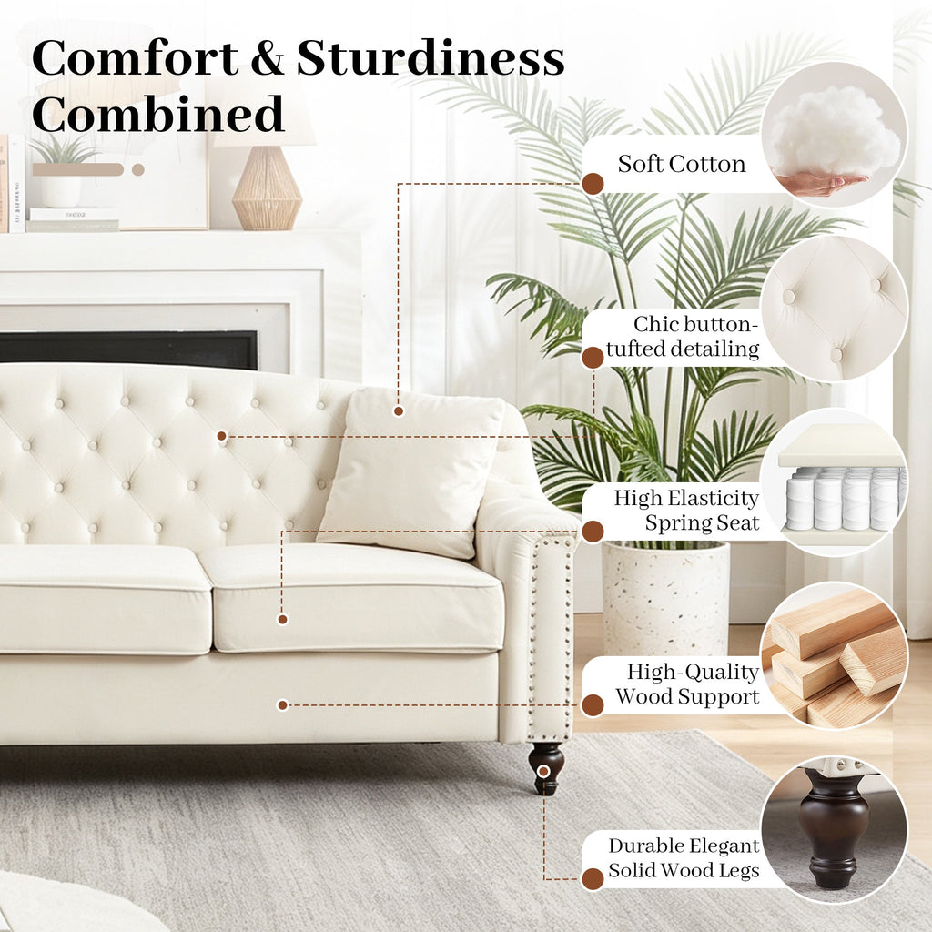 82' Velvet Chesterfield Sofa for Living Room and Apartment, Button Tufting on Backrest and Armrests, Arm Nailhead Trim,Modern Upholstered Couch with Premium Solid Wood Legs, Sofa for Bedroom