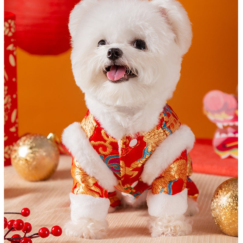 Autumn And Winter Xiangyun Jinlong Dog New Year Four-legged Cotton Coat, Tang Suit, Warm And Thick Pet New Year Dog Clothes