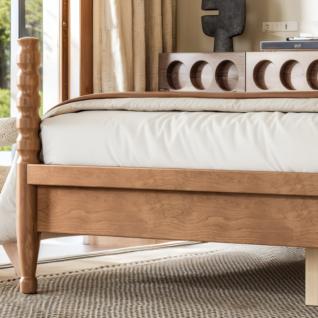 Queen Size Platform Bed with Arched Woven Headboard, Four Poster Stylish Wooden Bed Frame, Elegant Curved Headboard Bed Frame For Bedroom,Natural