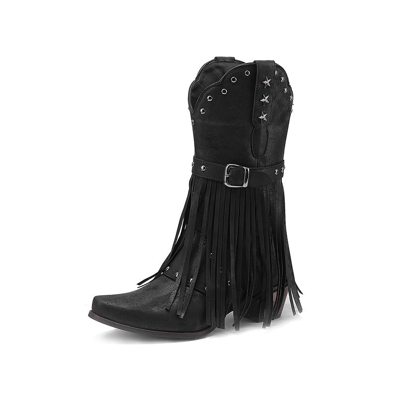 Autumn And Winter Tassel Women's Western Rivet Belt Buckle Tassel Middle Boots