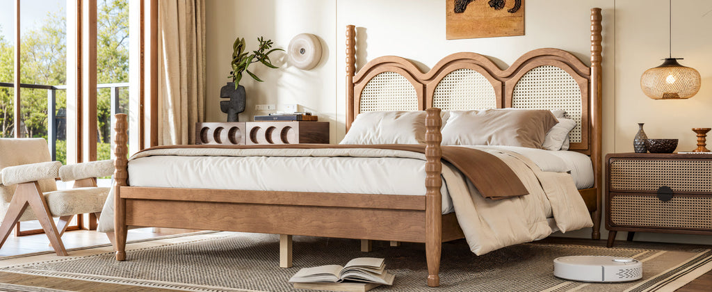 Queen Size Platform Bed with Arched Woven Headboard, Four Poster Stylish Wooden Bed Frame, Elegant Curved Headboard Bed Frame For Bedroom,Natural
