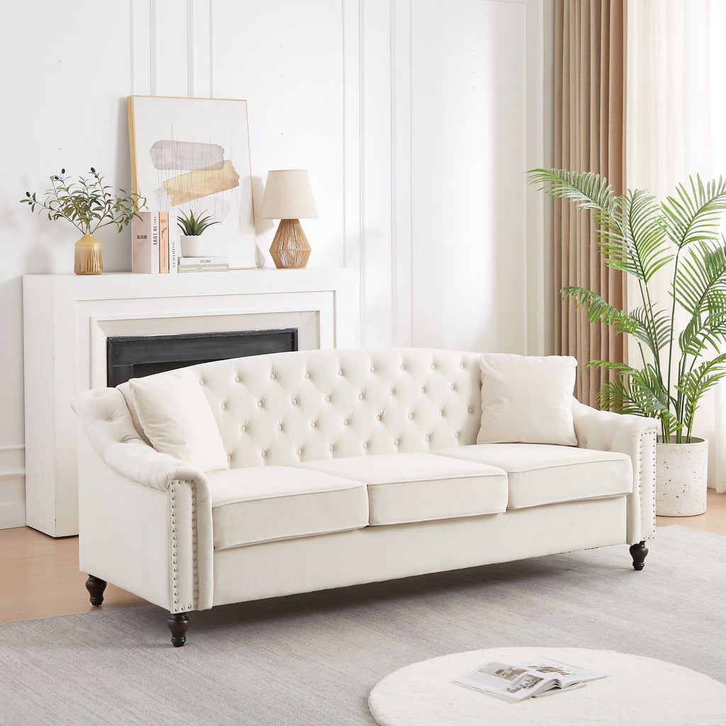 82' Velvet Chesterfield Sofa for Living Room and Apartment, Button Tufting on Backrest and Armrests, Arm Nailhead Trim,Modern Upholstered Couch with Premium Solid Wood Legs, Sofa for Bedroom