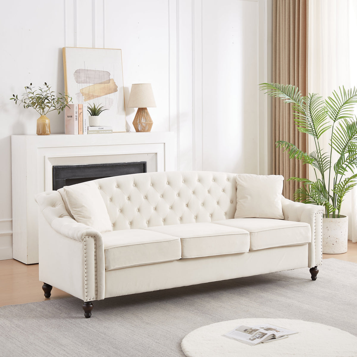 82' Velvet Chesterfield Sofa for Living Room and Apartment, Button Tufting on Backrest and Armrests, Arm Nailhead Trim,Modern Upholstered Couch with Premium Solid Wood Legs, Sofa for Bedroom