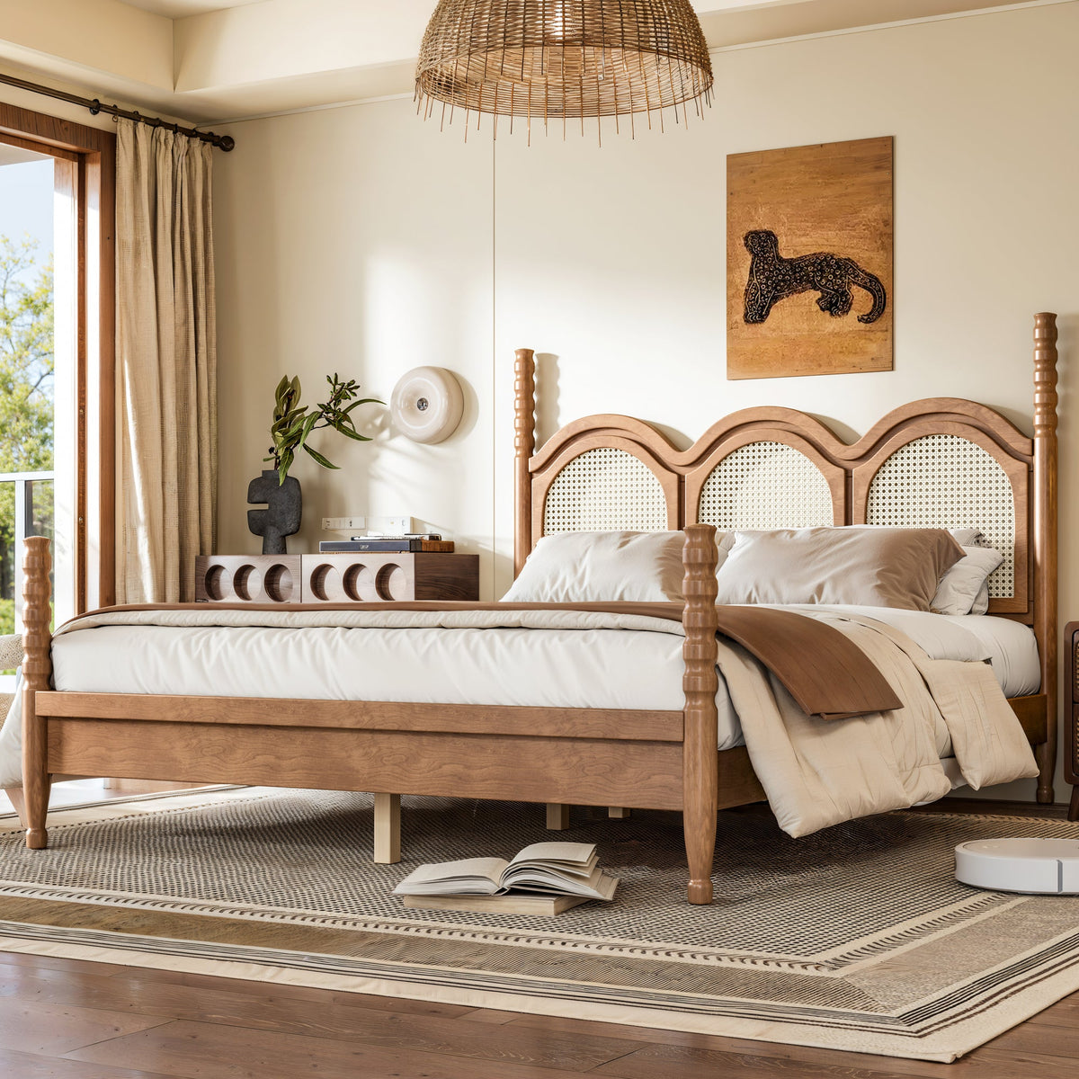 Queen Size Platform Bed with Arched Woven Headboard, Four Poster Stylish Wooden Bed Frame, Elegant Curved Headboard Bed Frame For Bedroom,Natural
