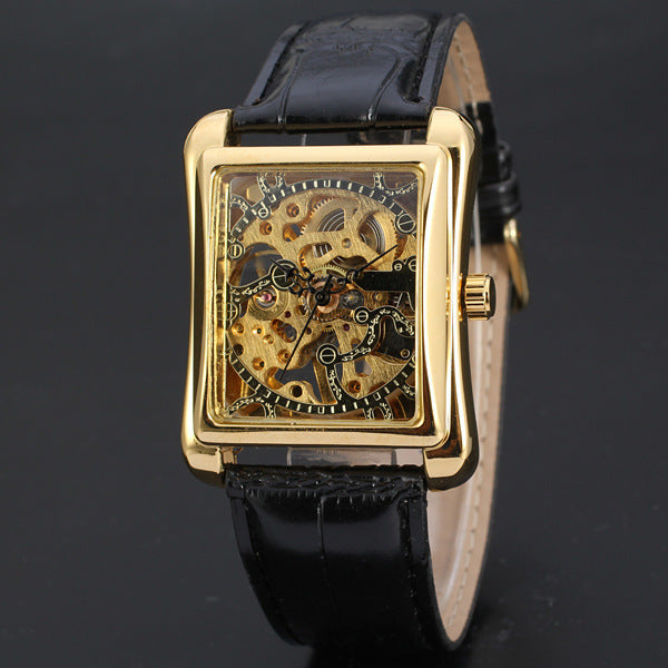 Hollowed-out Gear Square-dial Gold Mechanical Leather-strap Watch