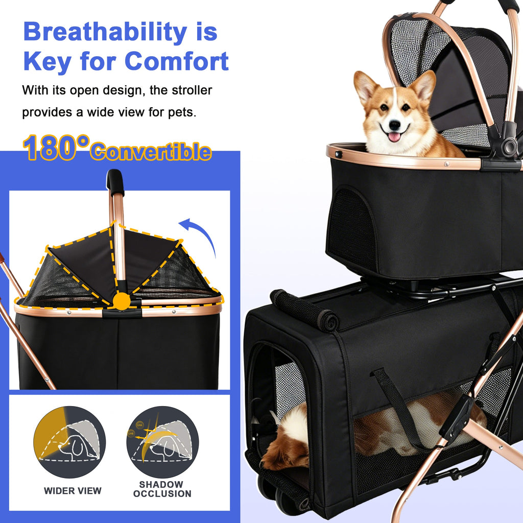Double Pet Stroller for Small and Medium Dogs and Cats with Foldable Frame - Carbon-Steel
