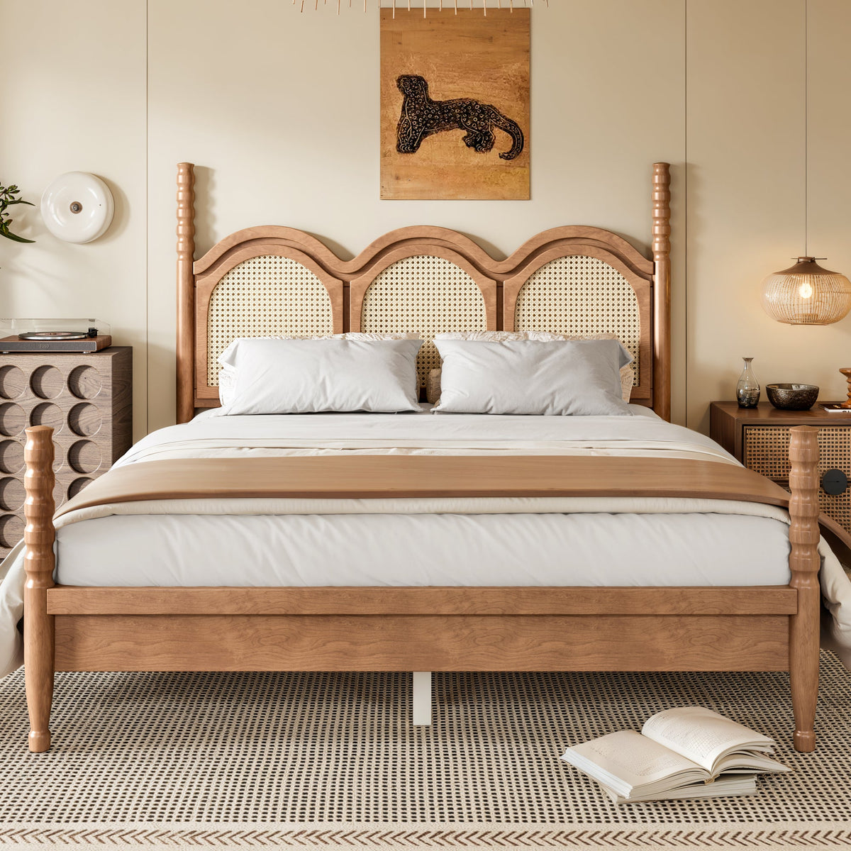 Queen Size Platform Bed with Arched Woven Headboard, Four Poster Stylish Wooden Bed Frame, Elegant Curved Headboard Bed Frame For Bedroom,Natural