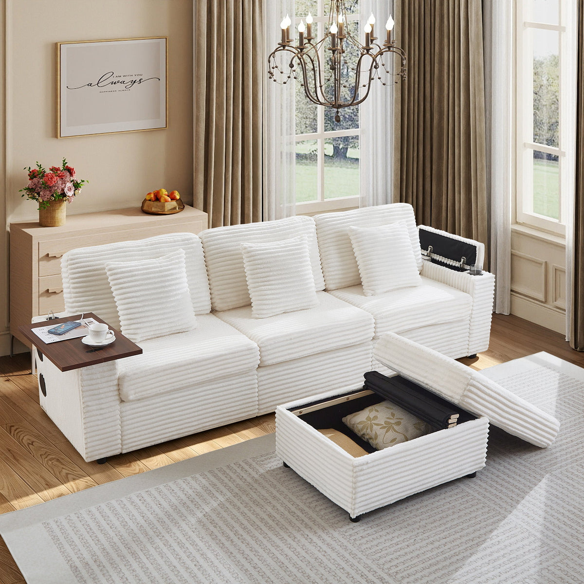 Oversized Modular Sectional Couch,Corduroy Sofa with  Cup Holders, USB Port,Storage Space and Bluetooth Speaker for Living room and Bedroom