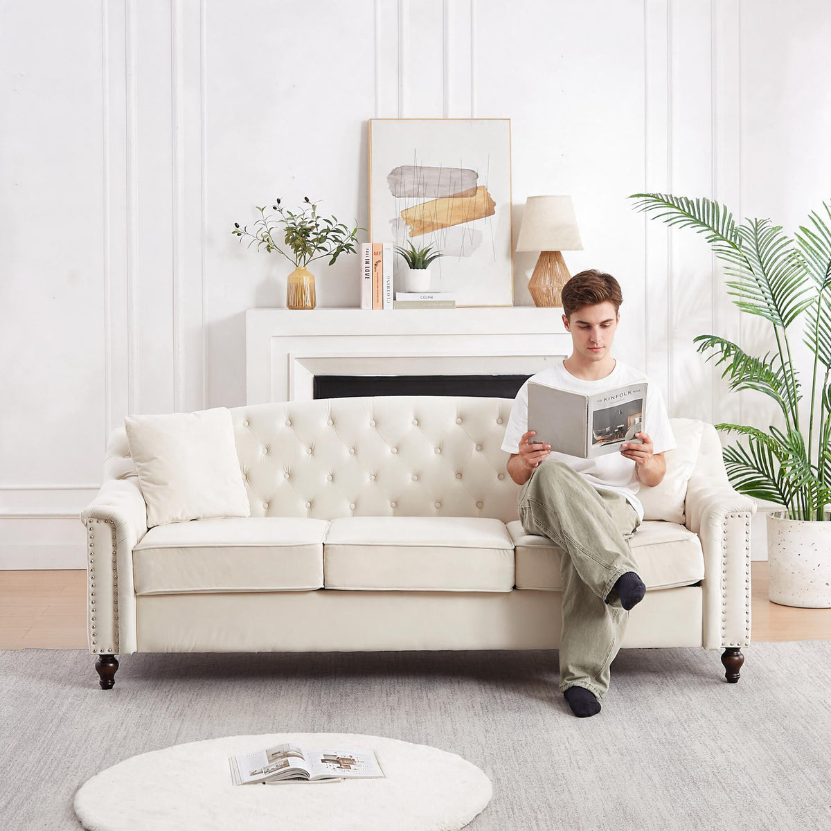 82' Velvet Chesterfield Sofa for Living Room and Apartment, Button Tufting on Backrest and Armrests, Arm Nailhead Trim,Modern Upholstered Couch with Premium Solid Wood Legs, Sofa for Bedroom