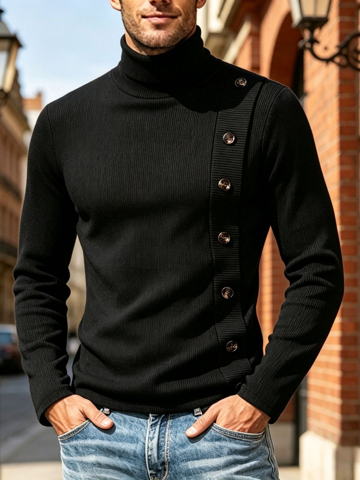 Cross-border European Size Men's High-neck Ribbed Texture T-shirt With Diagonal Buttons, Slim-fit Solid Color Long-sleeve Knitted Base Shirt Wholesale