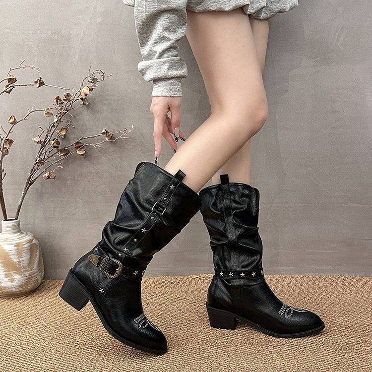 Women Western Cowboy Mid Calf Boots Star Embroidery Antique Metal Buckle Straps Slouch Ruched Shaft Faux Leather Snip Pointed Toe Block Heel Pull On Retro Cowgirl Fall Winter Boots
