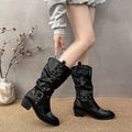 Women Western Cowboy Mid Calf Boots Star Embroidery Antique Metal Buckle Straps Slouch Ruched Shaft Faux Leather Snip Pointed Toe Block Heel Pull On Retro Cowgirl Fall Winter Boots