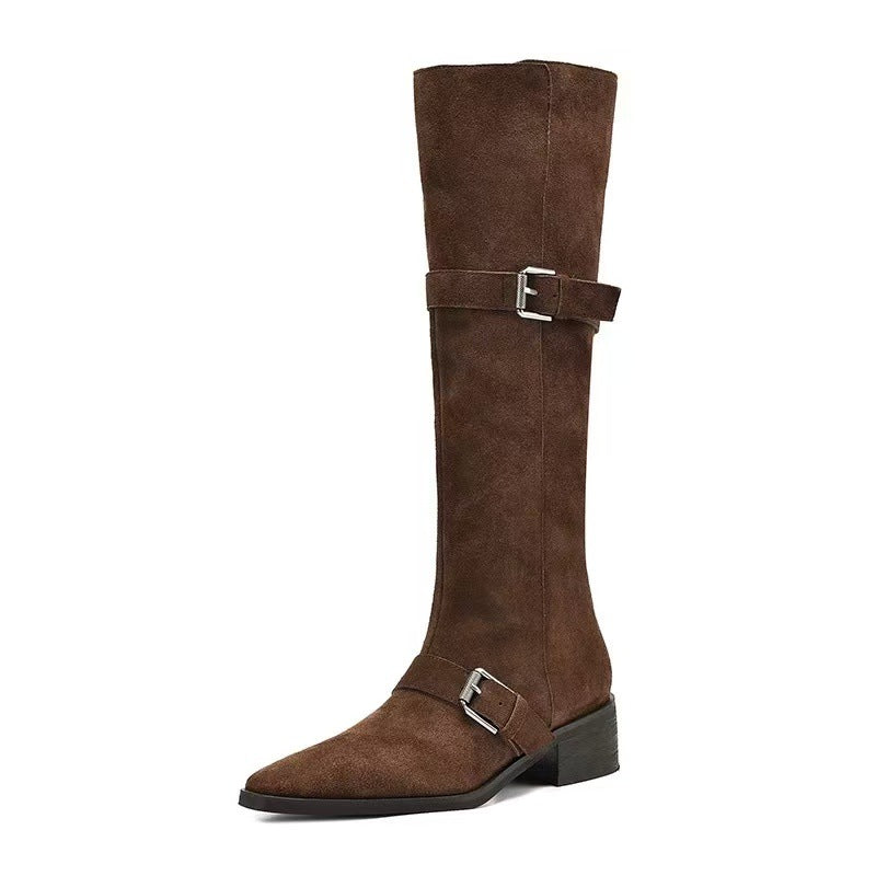 Women's Retro Cowhide Leather Belt-Clasp Chunky-Heel Western Cowboy Boots