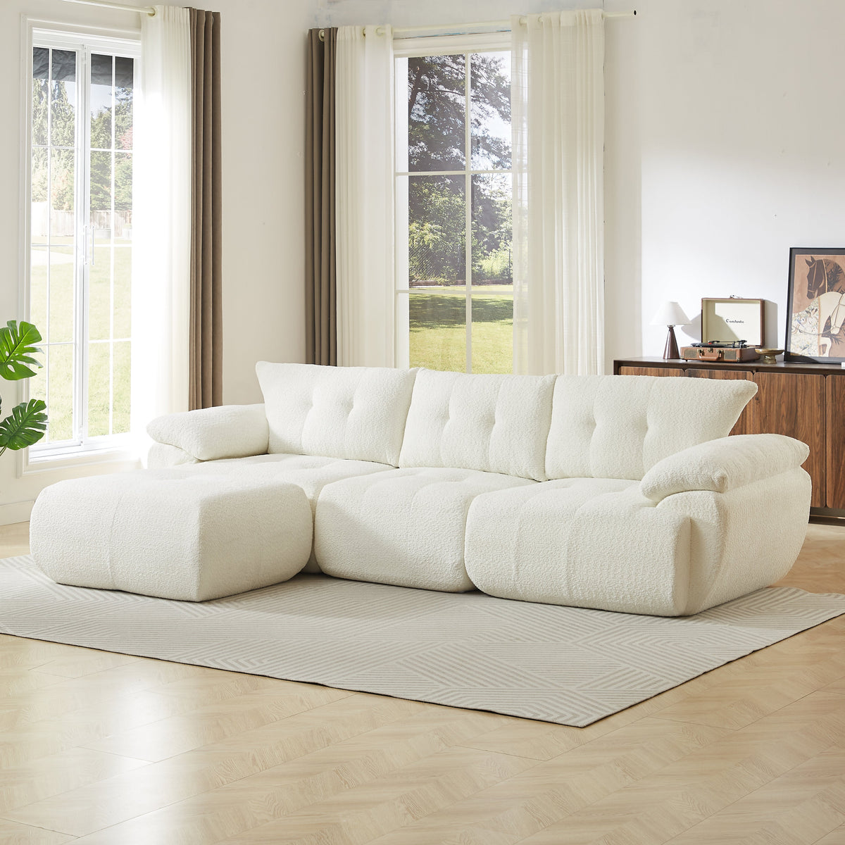115'' Large Modern 3-Seater Sofa with Curved Horn Backrest - Beige, Green, or Black
