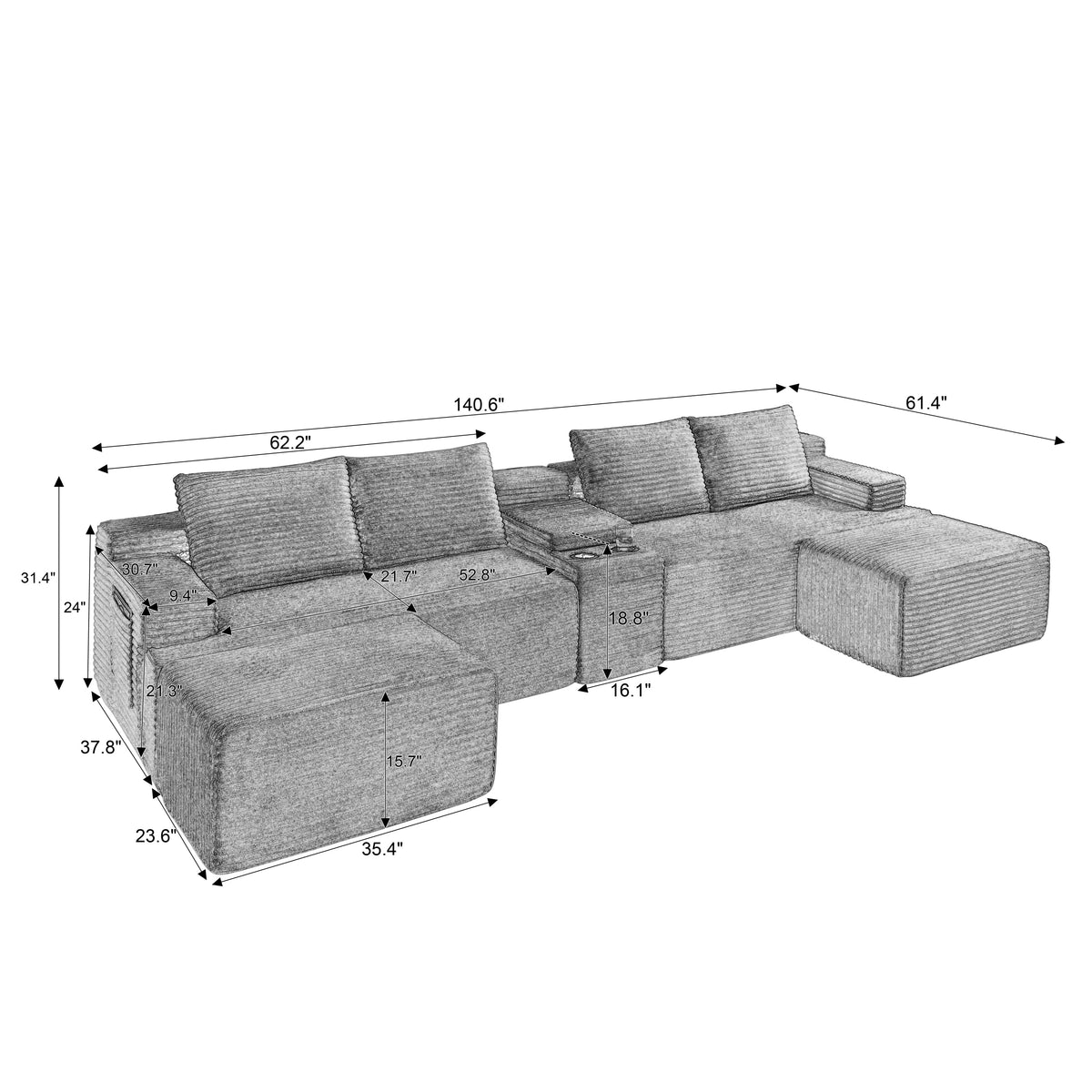 Compressible U-Shaped Sectional Sofa Set,Minimalist Style Modular Sectional Sofa, Corduroy Fabric Cloud Couch for Living Room
