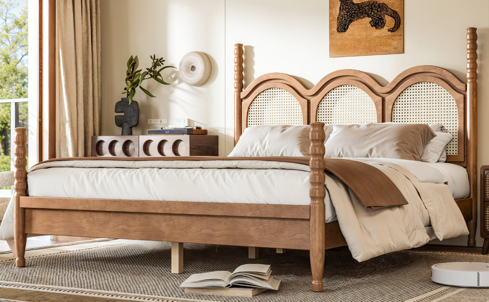 Queen Size Platform Bed with Arched Woven Headboard, Four Poster Stylish Wooden Bed Frame, Elegant Curved Headboard Bed Frame For Bedroom,Natural
