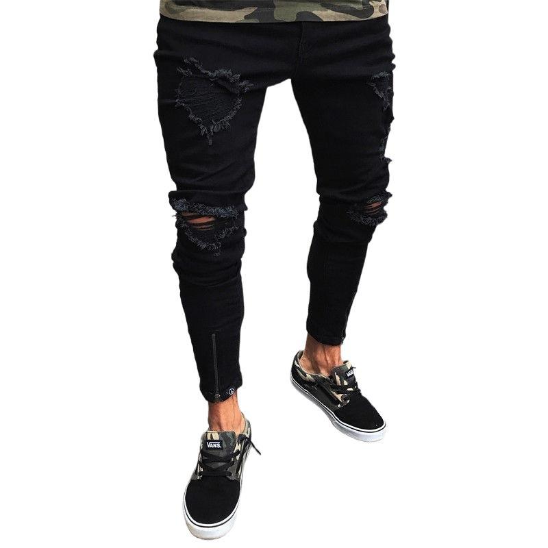 Cross-border Jeans Men's Wish New Black Ripped Stretch Zipper Men's Skinny Pants European And American Fashion