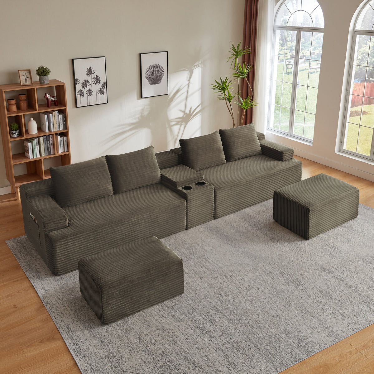Compressible U-Shaped Sectional Sofa Set,Minimalist Style Modular Sectional Sofa, Corduroy Fabric Cloud Couch for Living Room