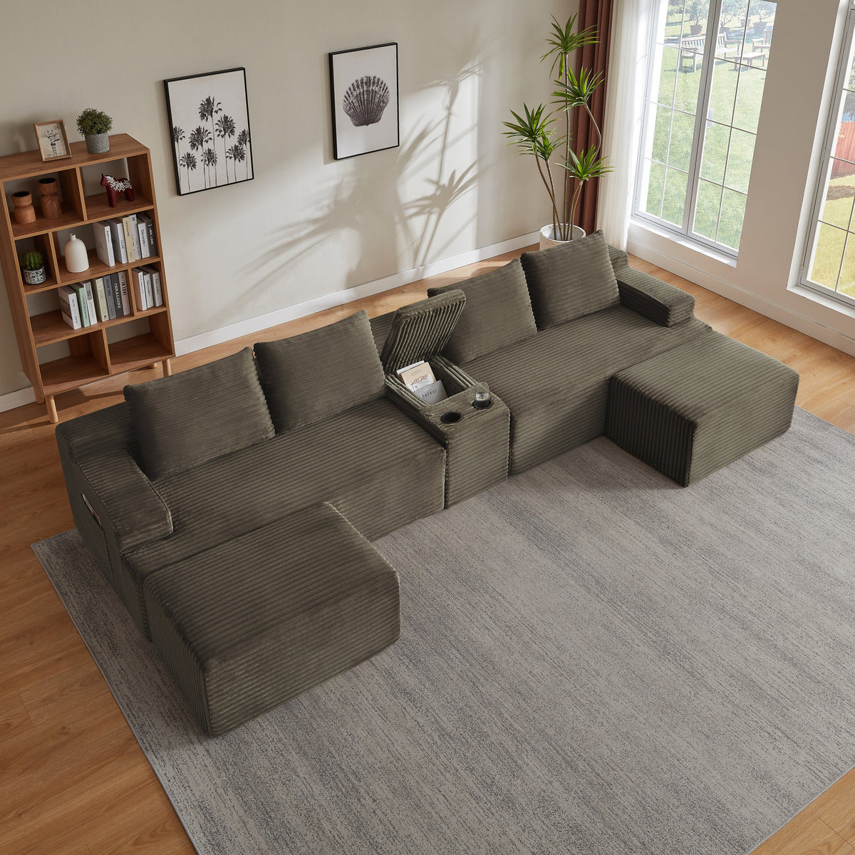 Compressible U-Shaped Sectional Sofa Set,Minimalist Style Modular Sectional Sofa, Corduroy Fabric Cloud Couch for Living Room