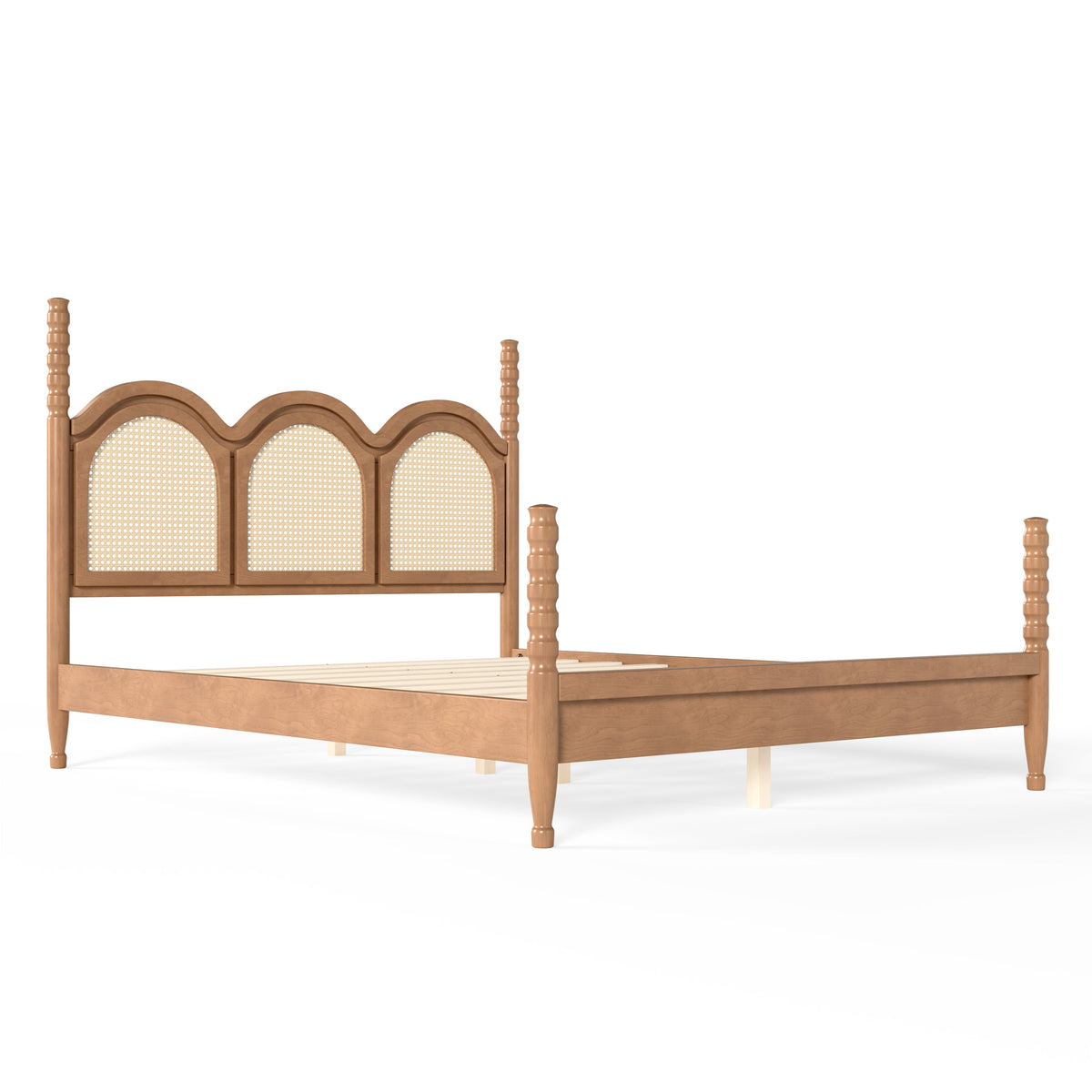 Queen Size Platform Bed with Arched Woven Headboard, Four Poster Stylish Wooden Bed Frame, Elegant Curved Headboard Bed Frame For Bedroom,Natural