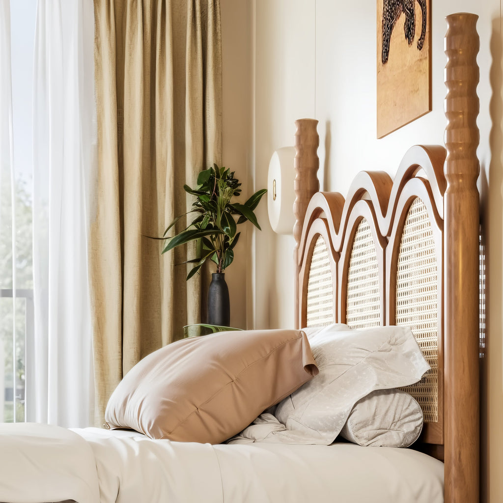 Queen Size Platform Bed with Arched Woven Headboard, Four Poster Stylish Wooden Bed Frame, Elegant Curved Headboard Bed Frame For Bedroom,Natural