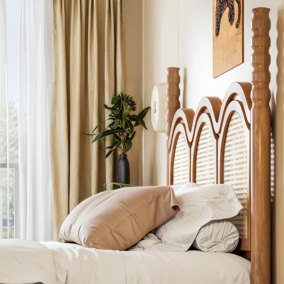 Queen Size Platform Bed with Arched Woven Headboard, Four Poster Stylish Wooden Bed Frame, Elegant Curved Headboard Bed Frame For Bedroom,Natural