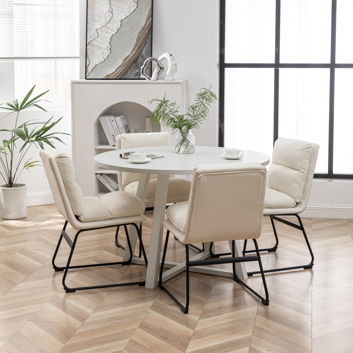 Innes 5-Piece Round Dining Set with Rubberwood Table and Faux Leather Chairs - Vanilla White