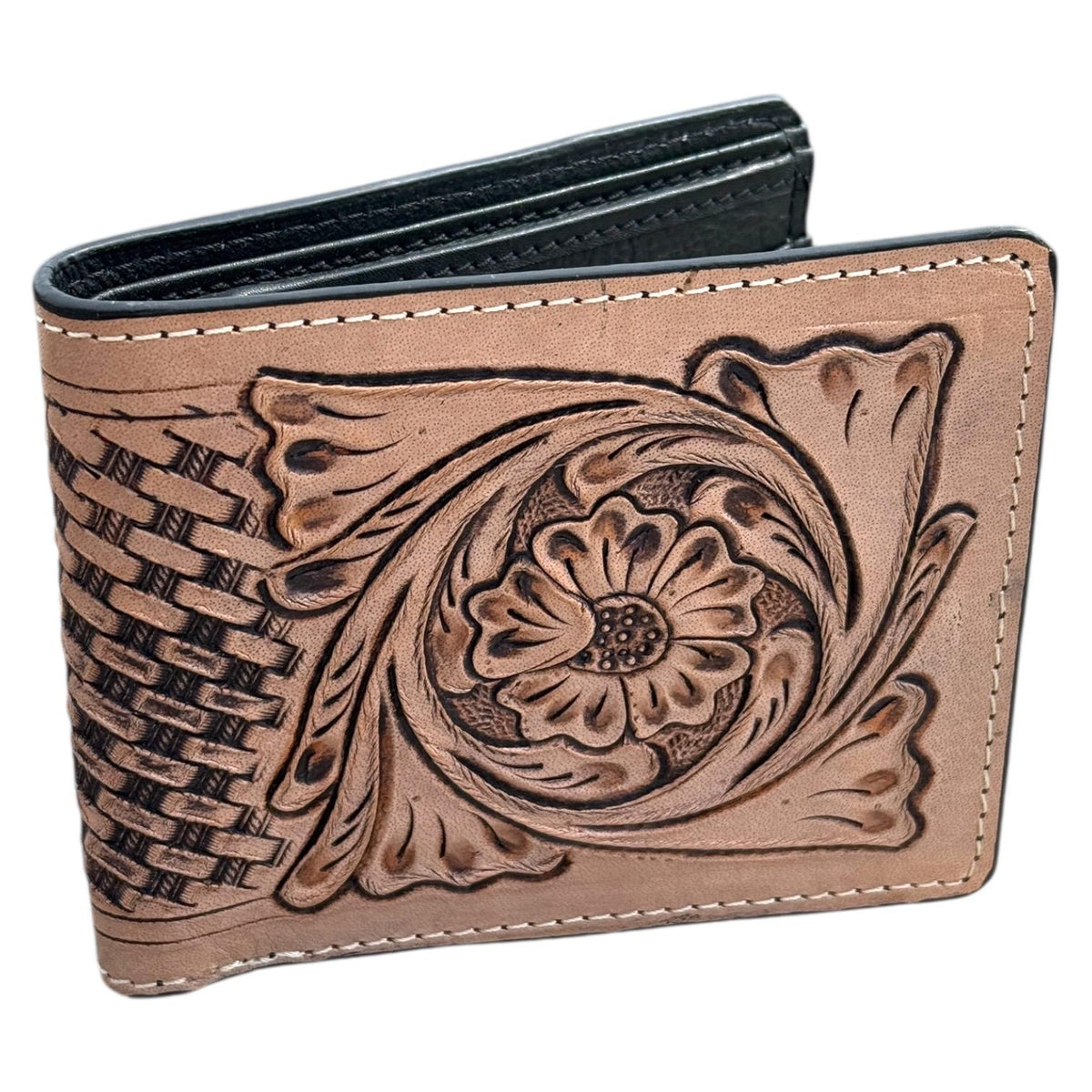 Men’s Western bi-fold wallet tooled floral Cow Skull Aces Cards details by Double B Wild Rags