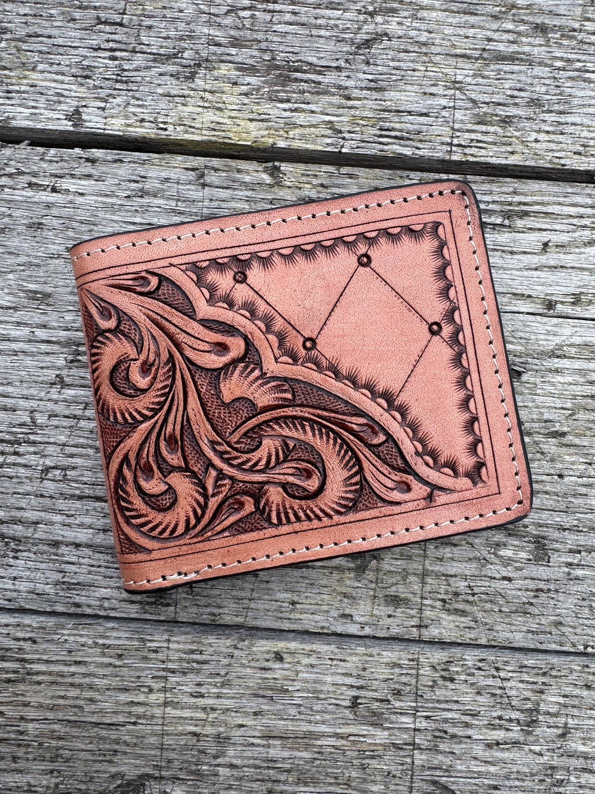 Men’s Western bi-fold wallet tooled floral Cow Skull Aces Cards details by Double B Wild Rags