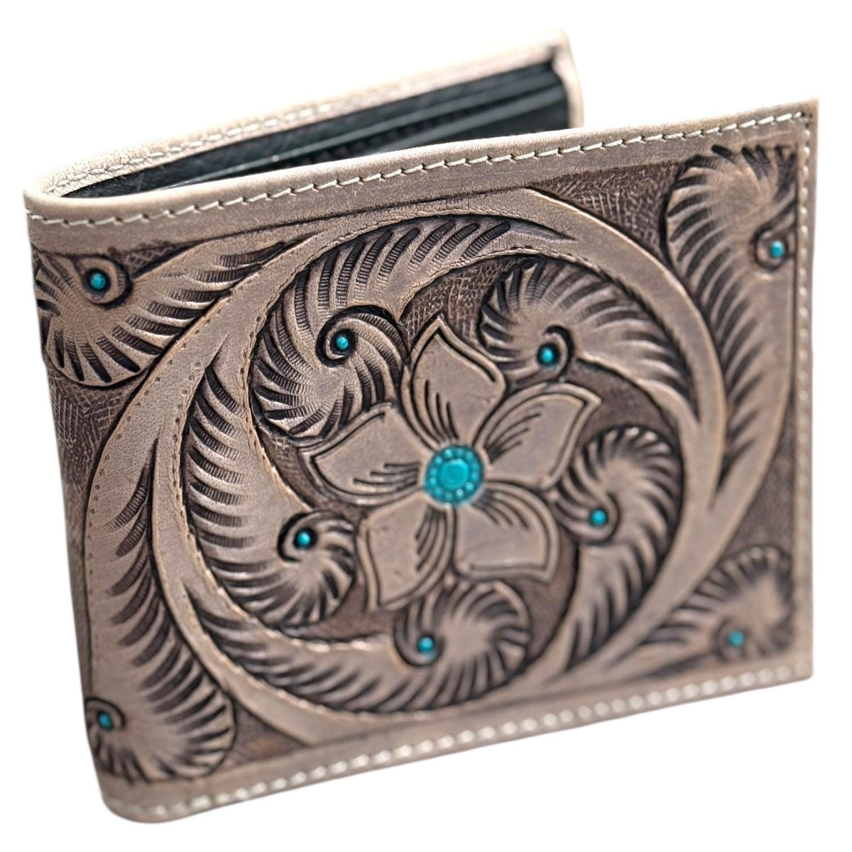 Men’s Western bi-fold wallet tooled floral Cow Skull Aces Cards details by Double B Wild Rags