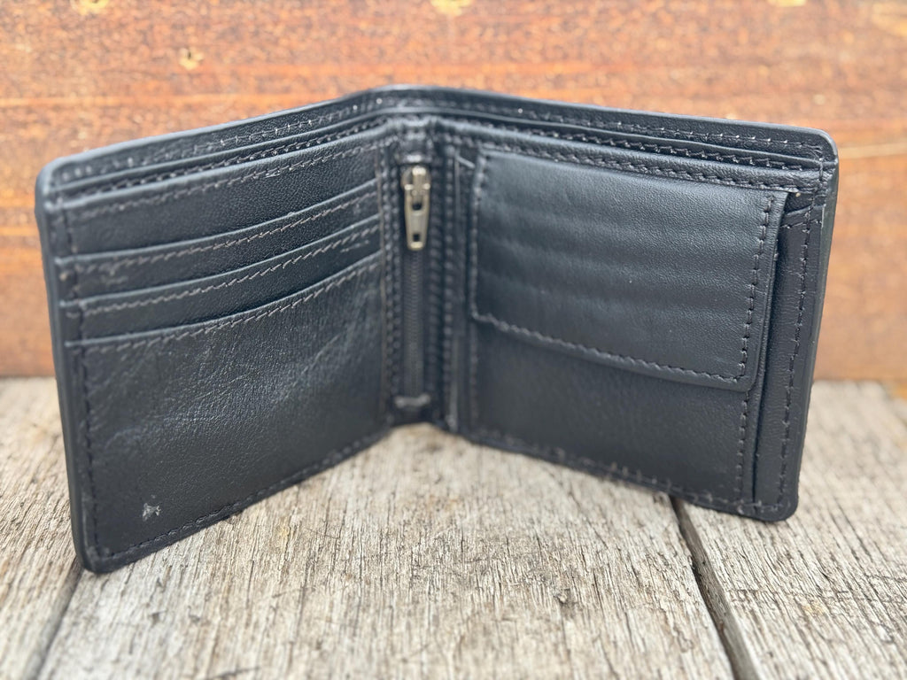 Men’s Western bi-fold wallet tooled floral Cow Skull Aces Cards details by Double B Wild Rags