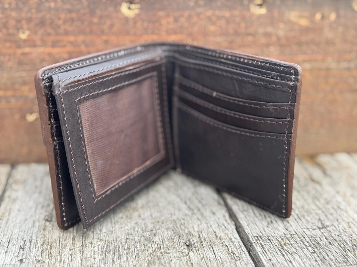 Men’s Western bi-fold wallet tooled floral Cow Skull Aces Cards details by Double B Wild Rags