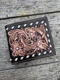 Men’s Western bi-fold wallet tooled floral Cow Skull Aces Cards details by Double B Wild Rags