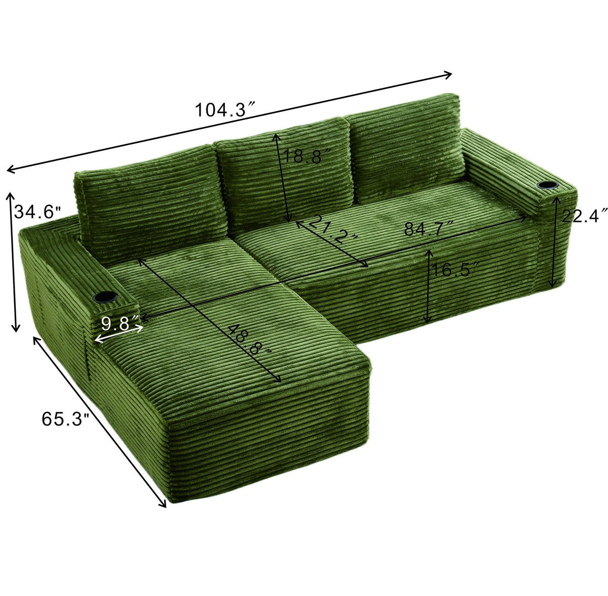 104 Inch Cloud Sectional Couch, Modern Modular Sectional Sofa with Deep Seat, Corduroy Boneless Couches with L-Shape Chaise – Green