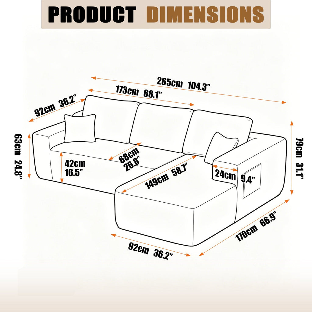 104" Cloud Sectional Sofa with L-Shape Chaise and Side Pockets, Modern Modular Design, Deep Seating, Upholstered Couch – Model W3975S00034