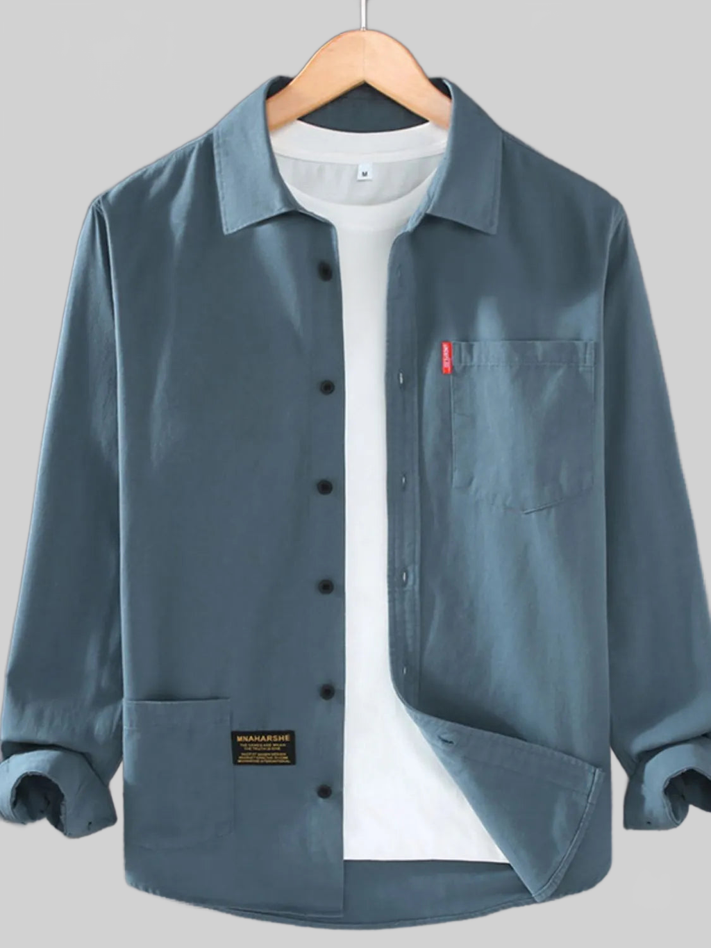 Men's Long Sleeve Button-Up Shirt in Neutral & Denim Blue
