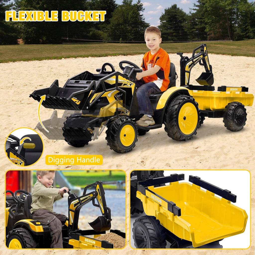 24V Electric Ride-On Tractor with Excavator, Trailer, and Digger Attachments