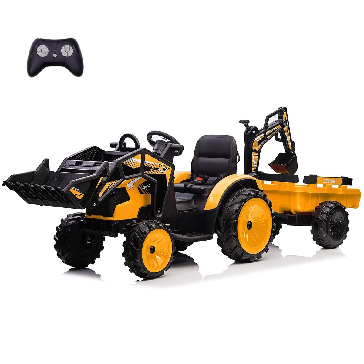 24V Electric Ride-On Tractor with Excavator, Trailer, and Digger Attachments