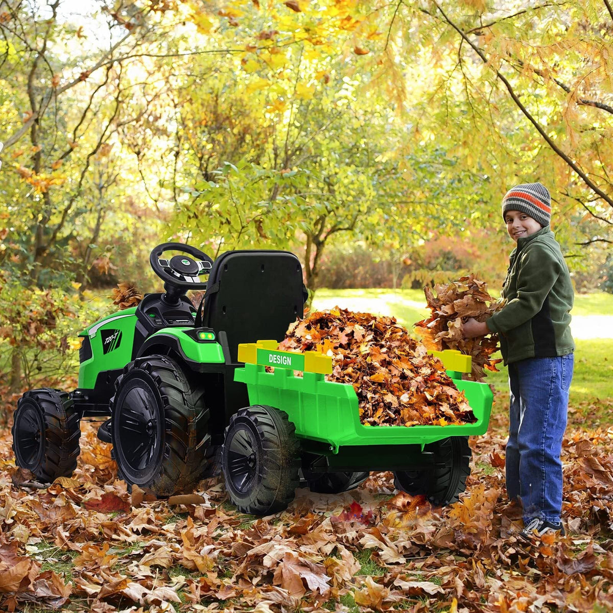 24V Electric Ride-On Tractor for Kids with Trailer, Excavator and Bulldozer Attachments