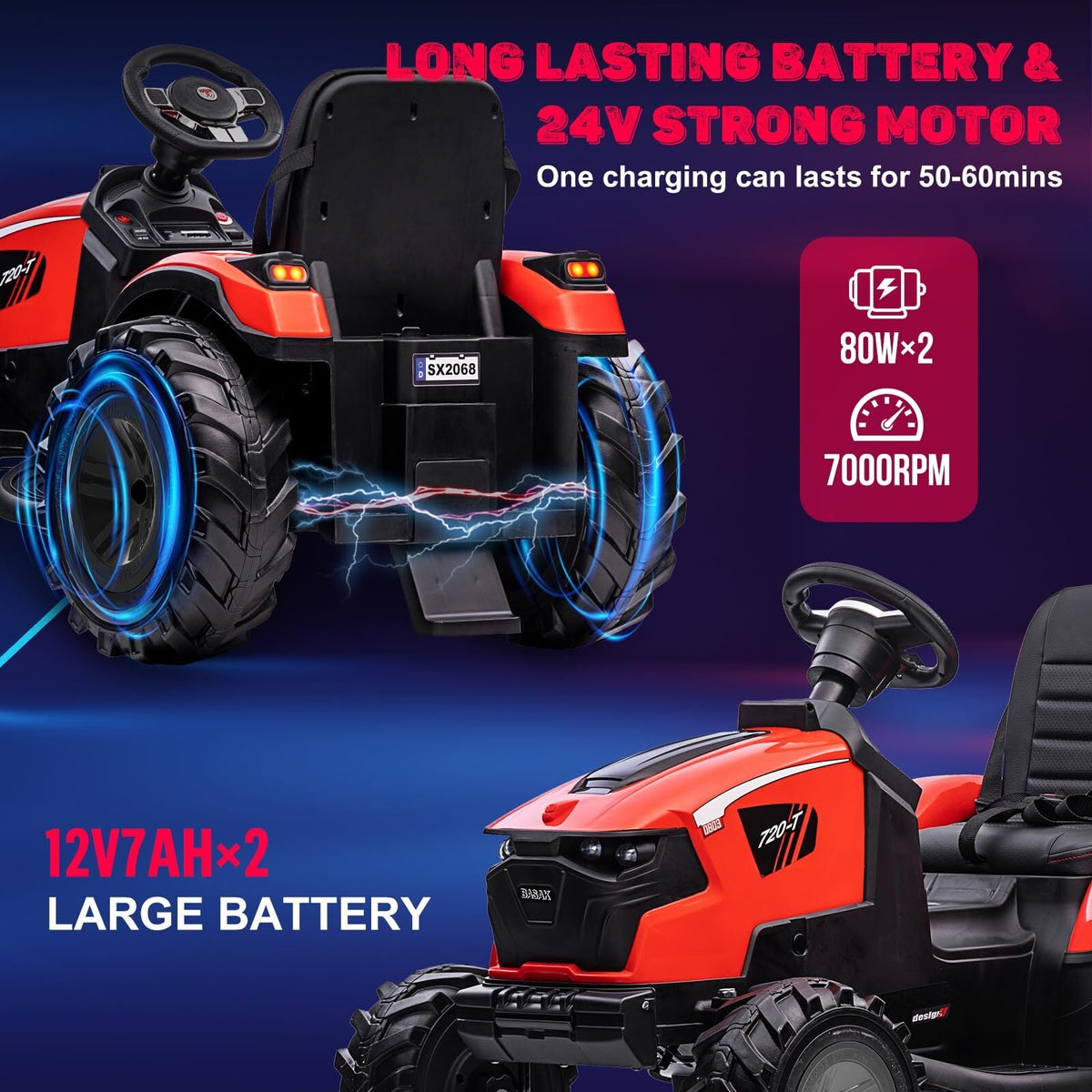 24V Electric Ride-On Tractor for Kids with Trailer, Excavator and Bulldozer Attachments
