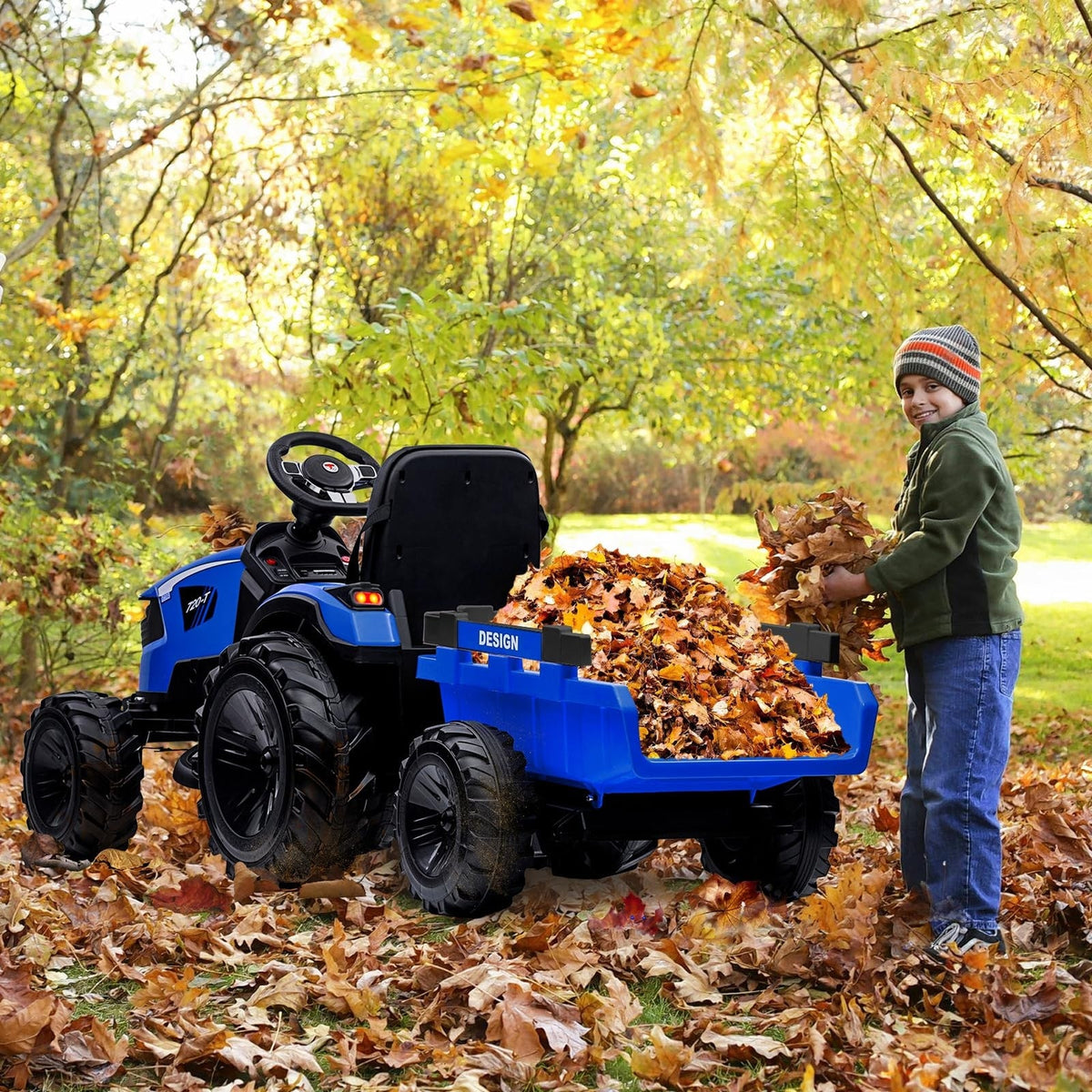 24V Electric Ride-On Tractor for Kids with Trailer, Excavator, and Bulldozer Attachments