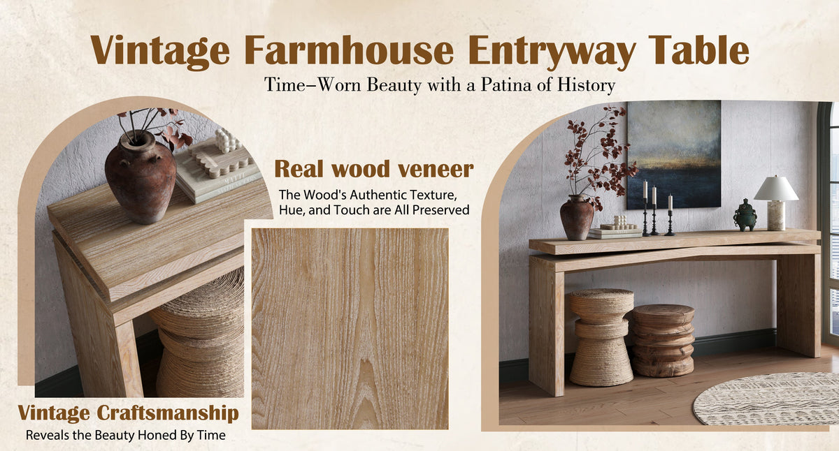 65-Inch Rustic Solid Wood Veneer Console Table, Long Farmhouse Entryway Sofa Table for Living Room, Hallway, Behind Couch, Apartment, Antique